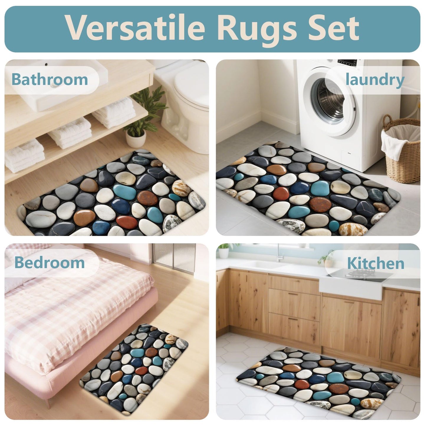 peacoblue Pebble Bath Mats for Bathroom Rugs Sets 3Pcs with Toilet Lid Cover, Non Slip Bath Rug and Contour Mats Sets, Washable Toilet Carpet for Bedroom Kitchen Tub Home Decor