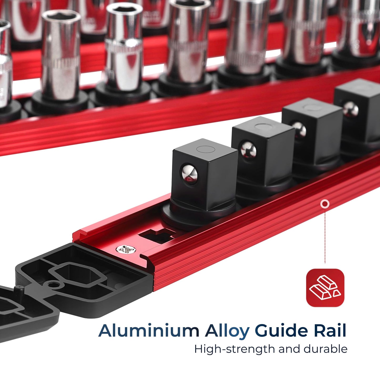 Reniteco Magnetic Socket Organizer Set, 3PC 3/8-Inch Drive Aluminum Alloy Socket Rail, Heavy Duty Magnetic Socket Holder for Tool Box Drawer, 360° Swivel Socket Rack, 3/8" x 42 Clips, Red