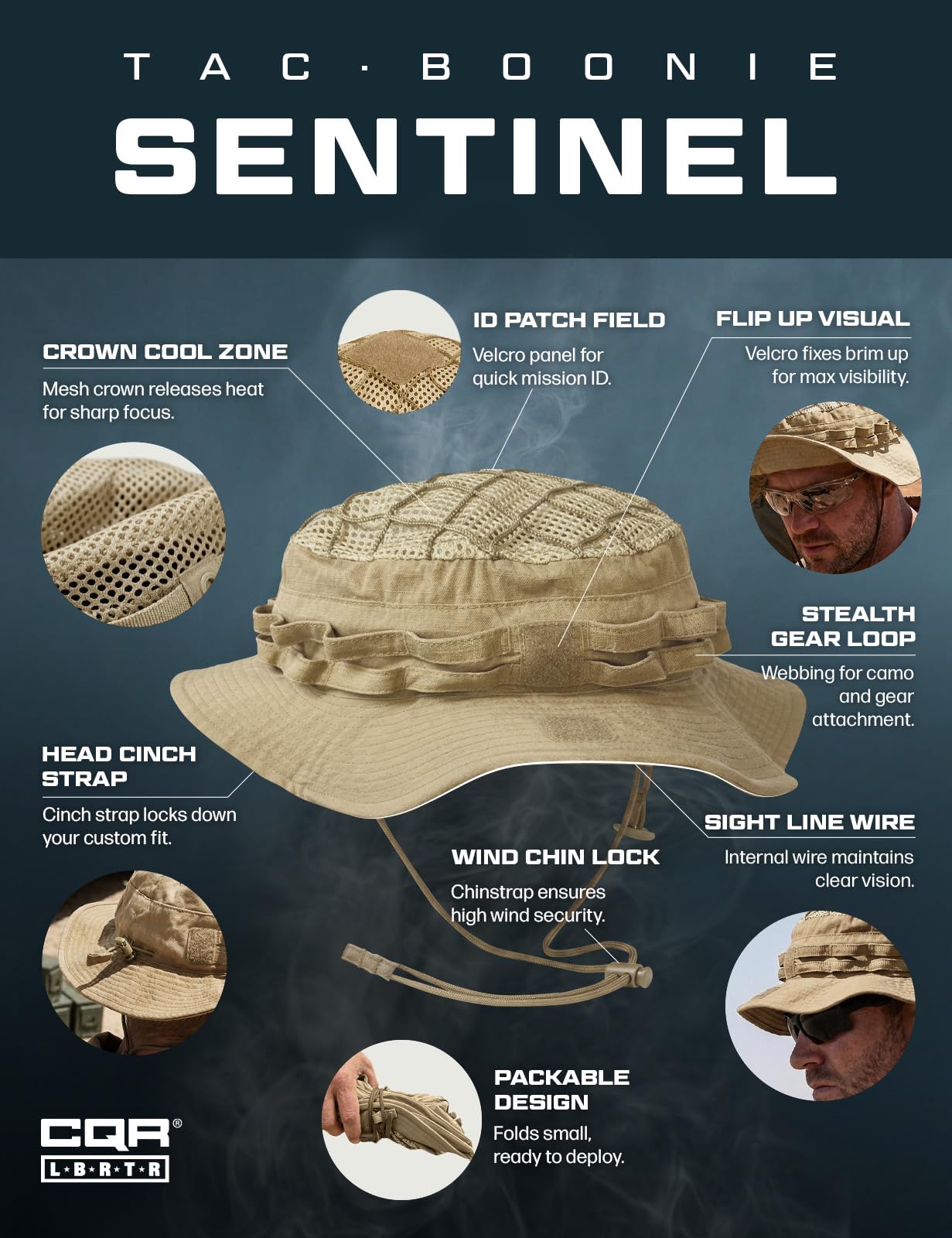 CQR Men's Tactical Boonie Hat, Breathable Packable Sun Hat for Hunting, Hiking, Fishing, Shooting, and Outdoor Activities, Sentinel Alamo Khaki, Small-Medium