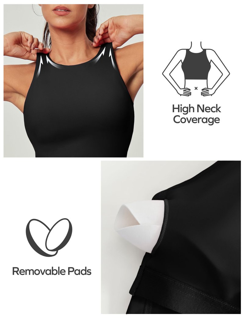 Ewedoos Tank Tops with Built in Bras Longline Sports Bras for Women High Neck Racerback Sports Bra Padded Workout Crop Black