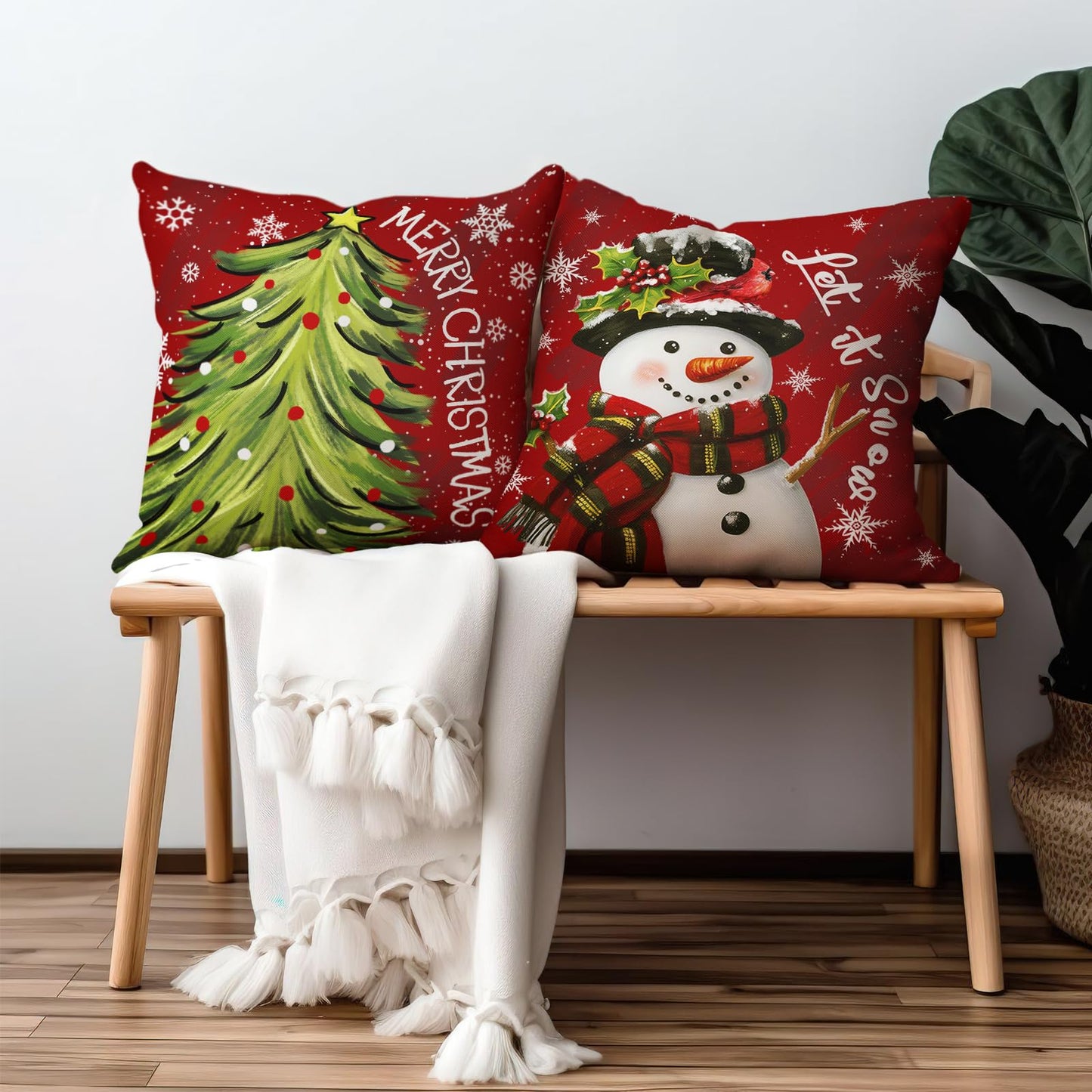 Cryfox Xmas Snowman Pillow Covers 18x18 Pillow Cases Winter Christmas Tree Pillow Cover Set of 2 Holiday Cushion Case Xmas Decoration for Couch Bed Sofa