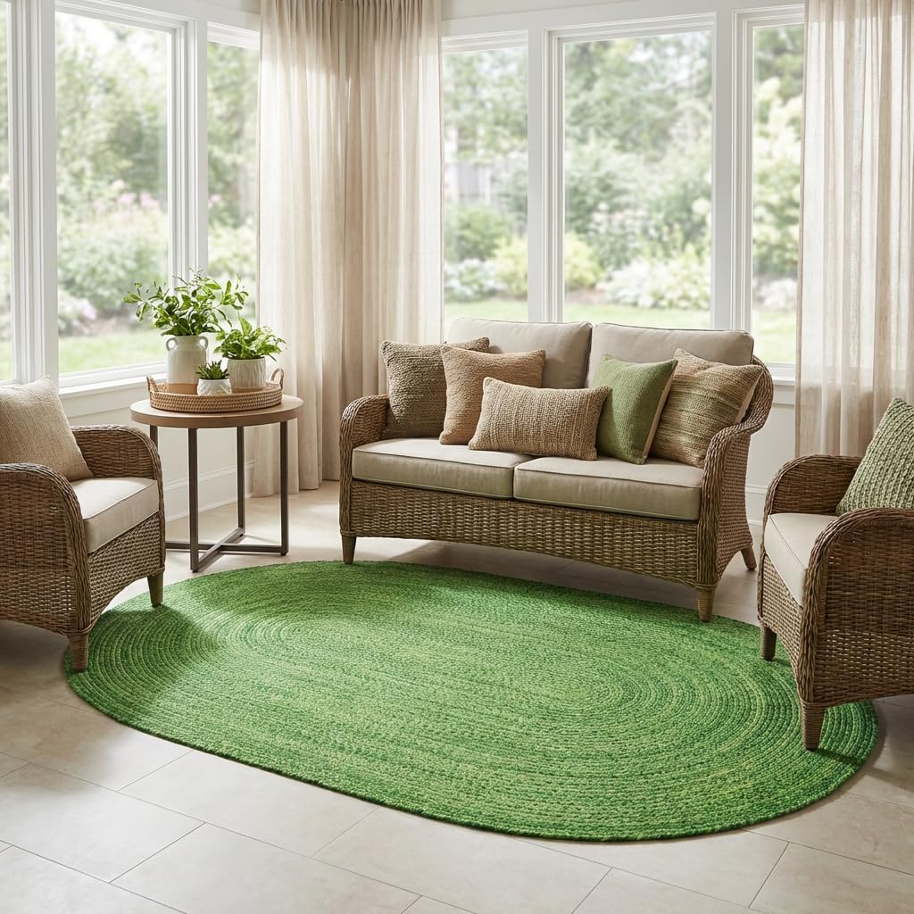 Super Area Rugs Green Braided Rug - Woven Living Room Decor -5x8ft Eco-Friendly Farmhouse Bedroom Woven Construction