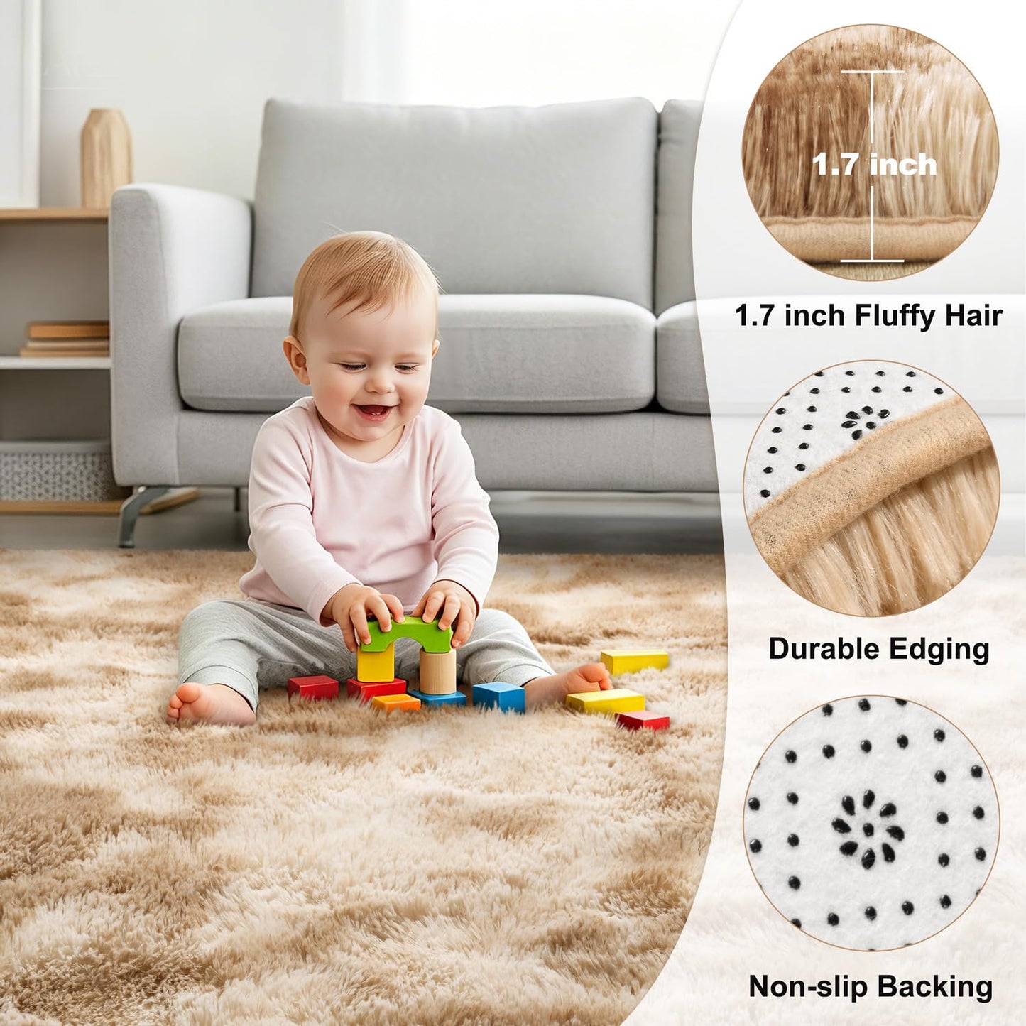 KIXINWA Rug for Bedroom, 4x6 Area Rug for Living Room, Fluffy Carpet for Kids Nursery Dorm Room, Soft Shag Non Slip Floor Rugs, Home Décor Carpet, Machine Washable, Tie-Dyed Camel