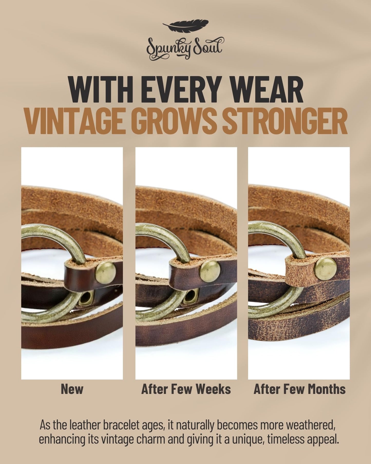 SPUNKYsoul 5 Wrap Leather Circle Bracelet - Adjustable Boho-Inspired Leather Bracelet for Women, Unique Distressed Jewelry with Symbolic Circle, Ideal for Everyday Wear & Gifting (Women's Brown)