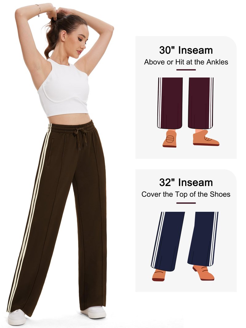 Tapata Tall Womens 34" Inseam Track Pants Relaxed Fit Striped Workout Sweatpants Baggy Trousers with Zipper Pockets, Brown, M