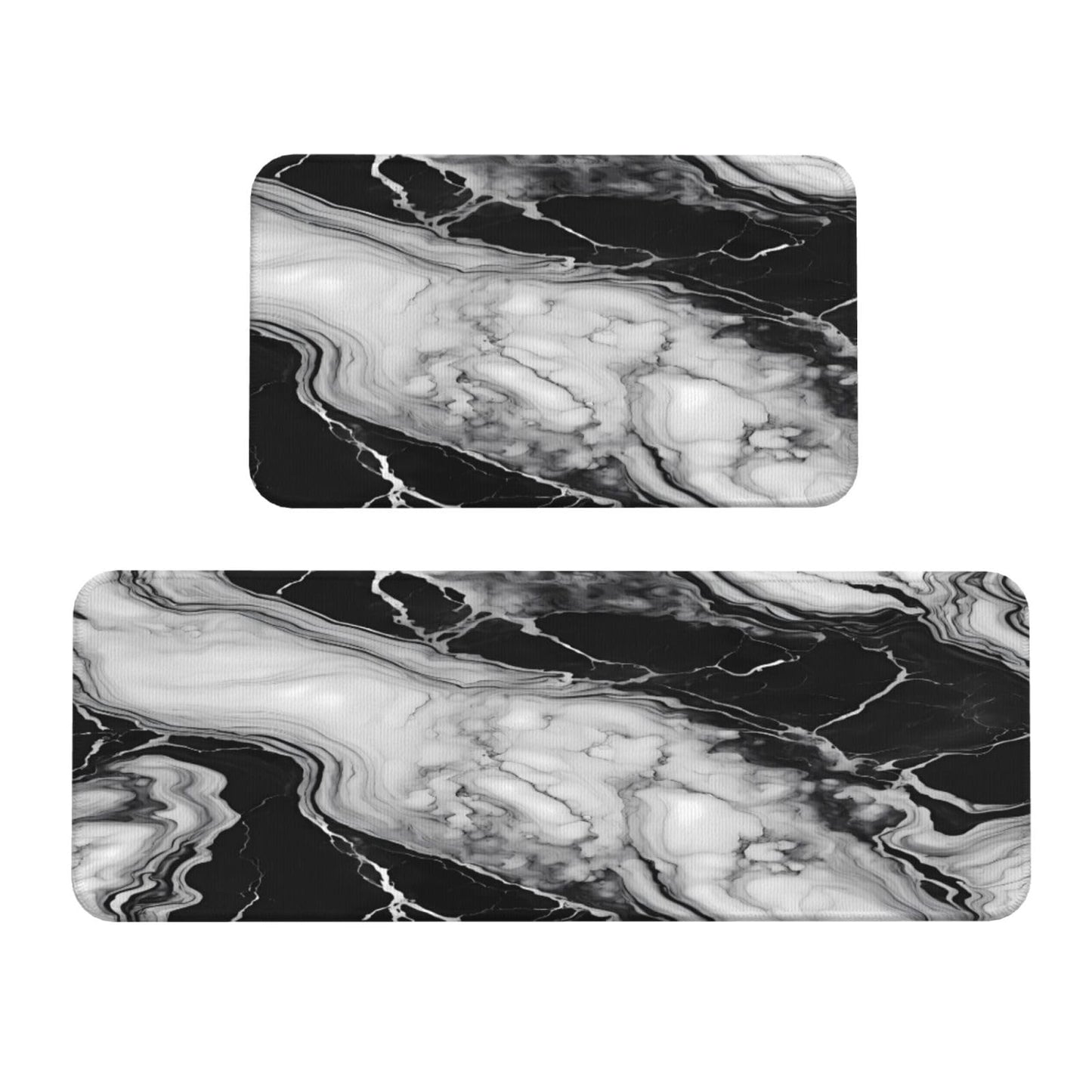 Sovvin White and Black Marble Texture Kitchen Rugs Microfiber Floor Mats Marbling Cushioned Carpet Runner Rug for Laundry Bathroom Living Room, 2 Piece Set 17"X 47" + 17"X 30"