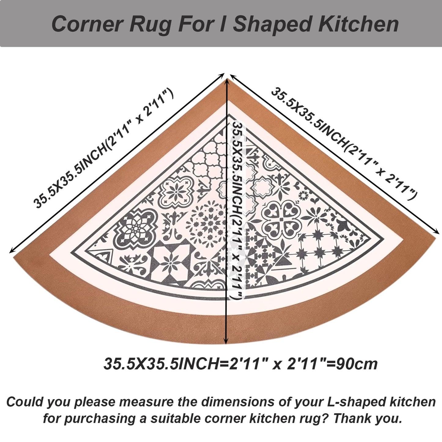 AHKFUL Corner Rug, L Shaped Kitchen Mat, Non Slip Corner Kitchen Rugs Washable, 4mm Thickness Rubber Kitchen Mats for Floor, Water Absorbent, Easy to Clean, GREY-35.5X35.5INCH(Half Circle)