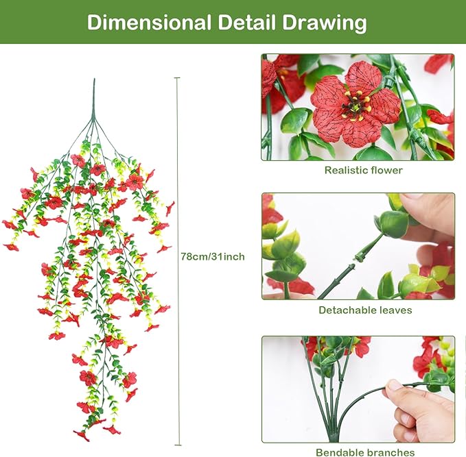 DOUBFIVSY Artificial Hanging Flowers for Outdoors, 4 Pcs Fake Hanging Plant Spring Summer Decor, UV Resistant Waterproof No Fade Faux Flower for Front Door Porch Patio Planter Garden (Red)