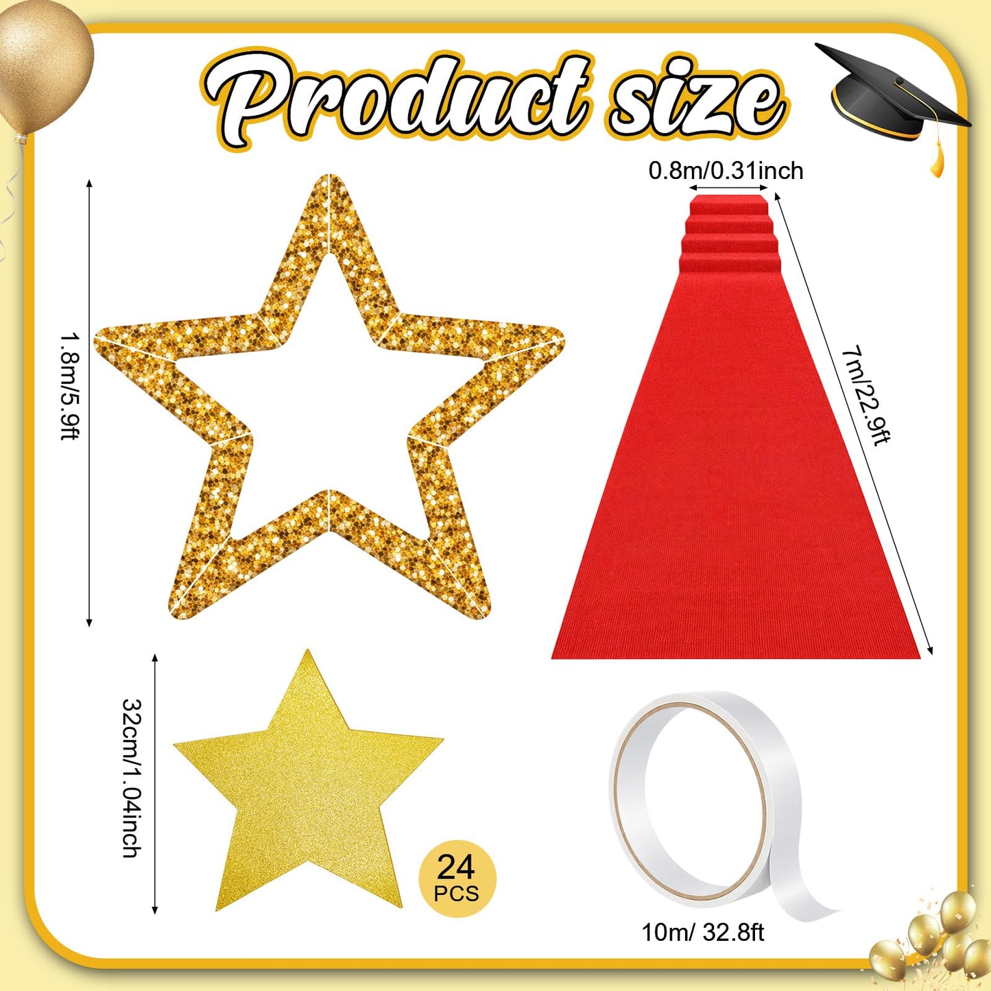 eBoot Red Carpet Runner Backdrop 23ft Graduation Aisle Runner with Large Star Backdrop and 24 Star Paper Cutouts for Graduation Ceremony End of Years Movie Theme Party Entrance Photo Booth Decorations
