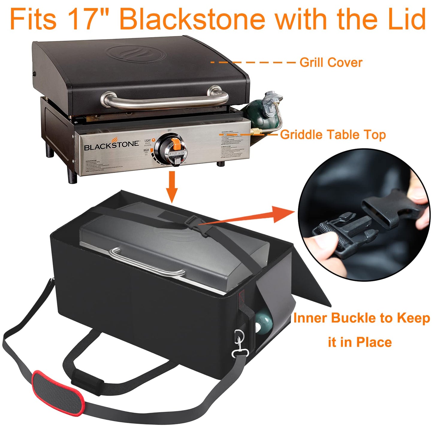 MOSPDE 17 Inch Griddle Cover Carry Bag for Blackstone 17 Inch Grill Table Top Griddle with Hood Lid, Fits Blackstone 17" Grill Griddle with Grill Cover Carrying Bag 600D Heavy Duty Water-Resistant