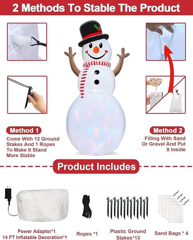 14 Ft Huge Christmas Inflatable Snowman with Rotating Colorful Lights Hat & Scarf Christmas Decorations Outdoor with Build-in LED Lights Xmas Blow Up Yard Decor for Lawn Garden Holiday