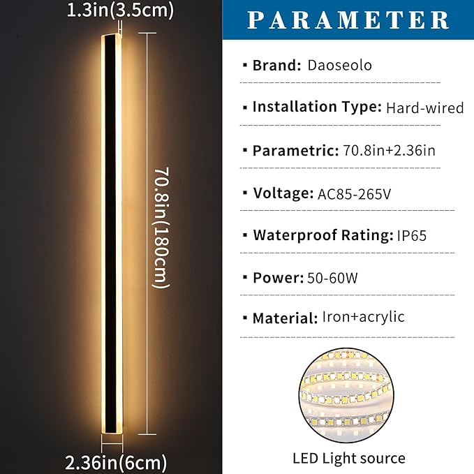 2 Pack Long LED Wall Light, 71inch Modern Wall Sconce, 60W, 3000K Warm White, IP65 Waterproof, White Acrylic, Outdoor Wall Mount Light Fixture for House, Patio, Garage, Entryway, Fence