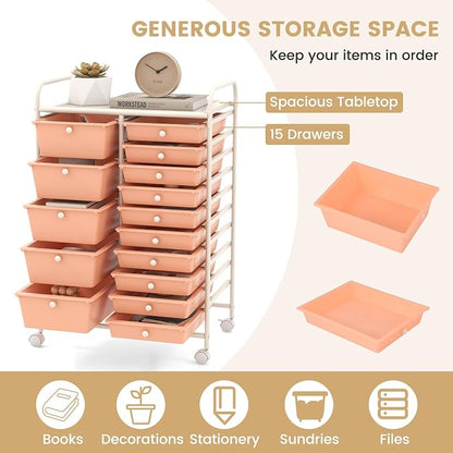 GOFLAME 15-Drawer Rolling Storage Cart, Craft Storage Cart with Removable Drawers & Lockable Wheels, Art Cart Supply Storage Organizer for Home Office Classroom, Peach Fuzz