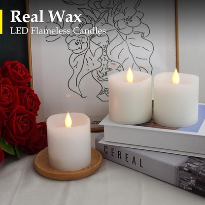 Flameless Candles with Flickering Flame & Remote - 3×3'' Battery Operated LED Pillar Candles, Smokeless Fake Candles for Indoor Use - Realistic 3 Inch Drip-Free Candles with Timer (White, 3-Pack)