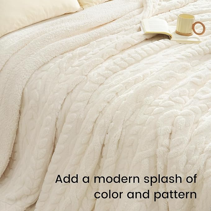 PHF Fluffy Sherpa Blanket Queen Size for Winter, Warm and Soft, 510GSM 3D Jacquard Thick Shaggy Fleece Plush Blanket for Sofa Bed, Cream, 90"x90"