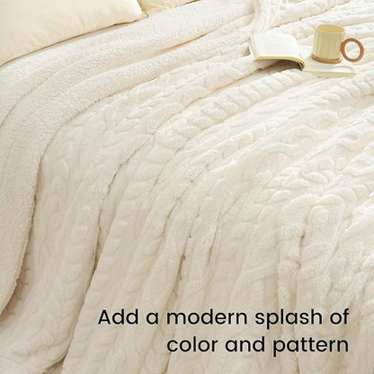 PHF Fluffy Sherpa Blanket Queen Size for Winter, Warm and Soft, 510GSM 3D Jacquard Thick Shaggy Fleece Plush Blanket for Sofa Bed, Cream, 90"x90"