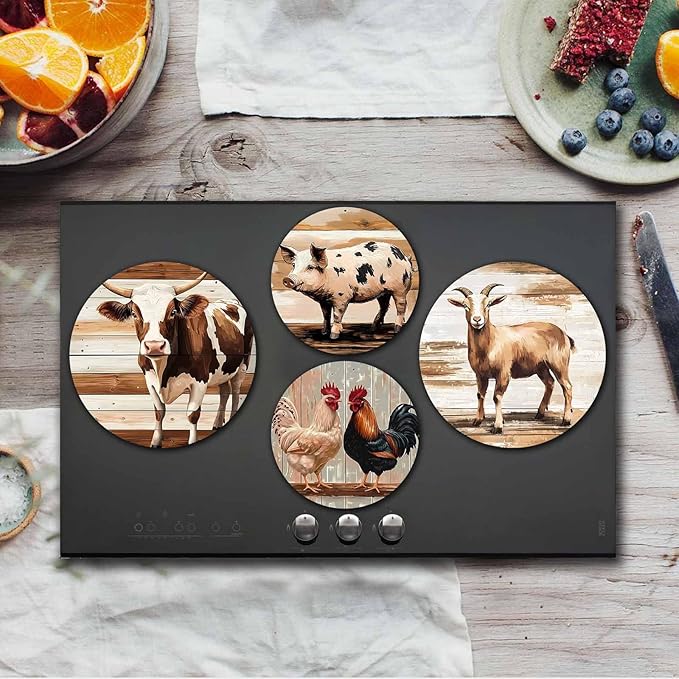 Farm Animal Electric Stove Burner Covers，4 Pack Round Stove Burner Covers，8 Inches and 10 Inches，Gas Stove Burner Covers,Metal Stove Burner Cover，Framhouse Cooktop Decorative，Home Decor,Kitchen Decor
