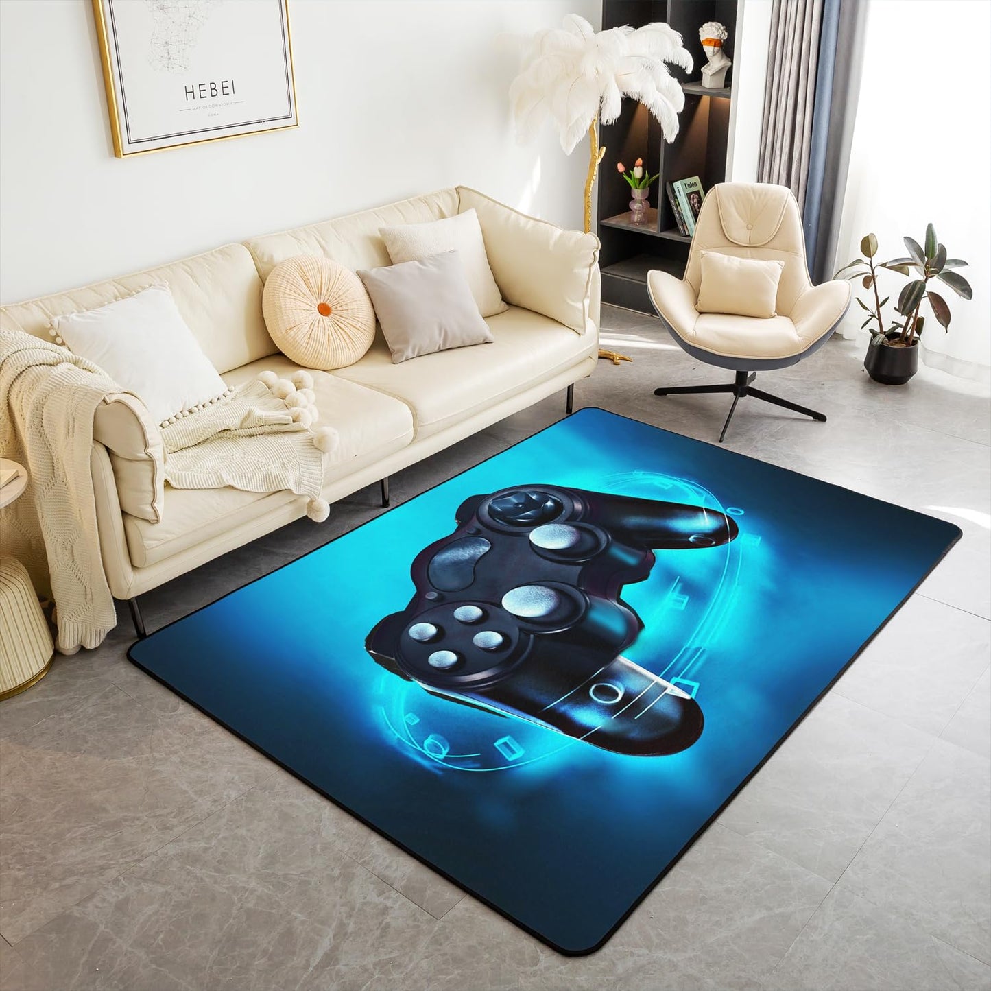 Feelyou Gaming Area Rug Blue Game Console Rugs for Boys Teens Bedroom Sofa Playroom Living Room Kids Gamer Room Decor Game Console Carpet Indoor Floor Mat Soft Surface, Non-Slip Backing 3'x5'