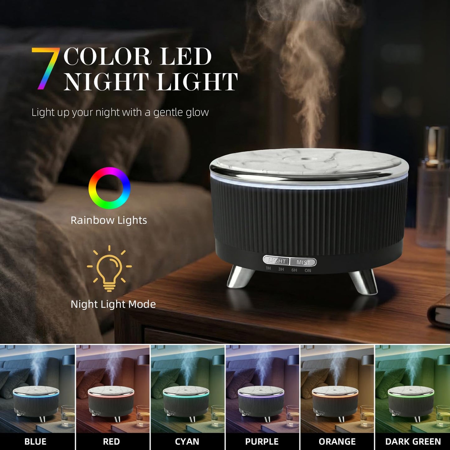 500ML Large Capacity Essential Oil Diffuser, Ultrasonic Aromatherapy Diffuser with 7 Color LED Lights with Remote Control, Cool Mist Humidifier, Timed Mist, Auto Shut-Off (Black)