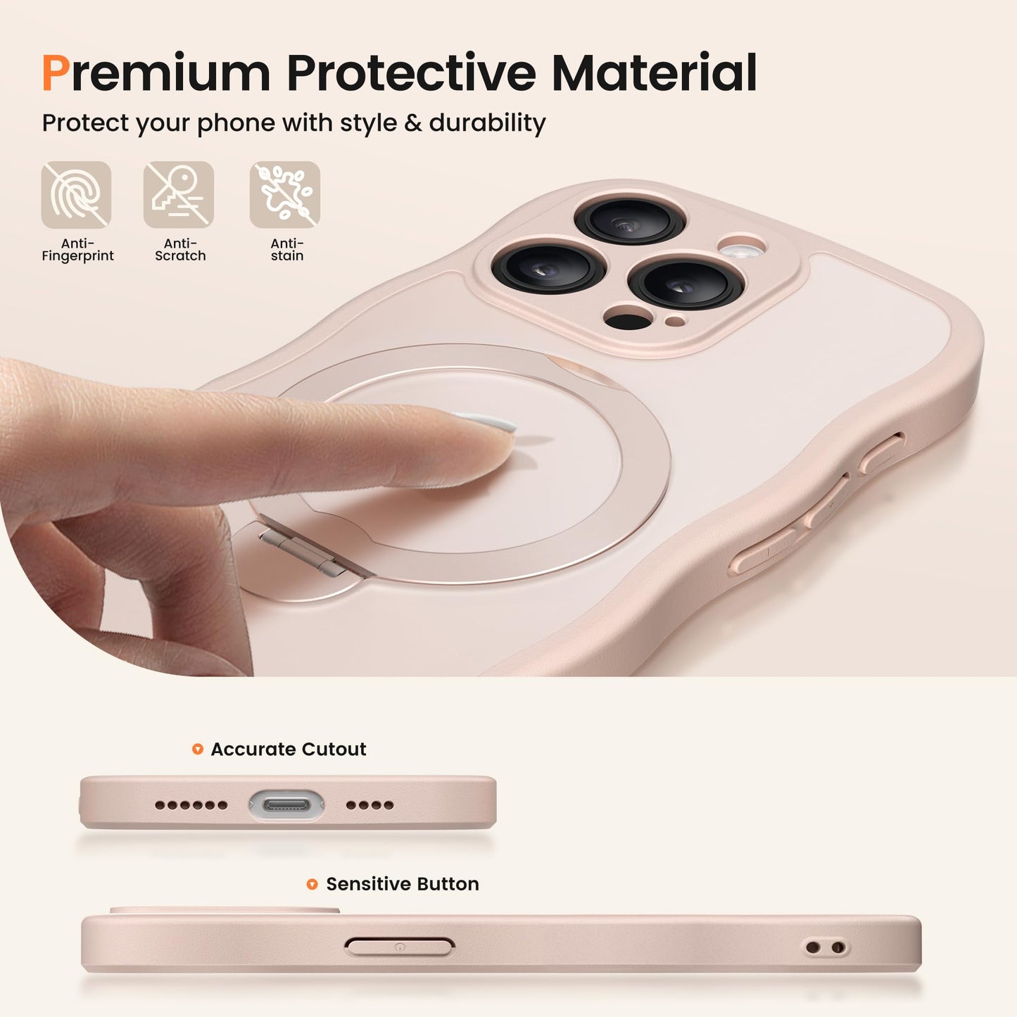 CAPRARO for iPhone 15 Pro Max Case with 360° Spin Magnetic Stand for Women, [Compatible with MagSafe] [Full Camera Protection] Cute Wave Translucent Matte Case for iPhone 15 Pro Max, Rose Gold