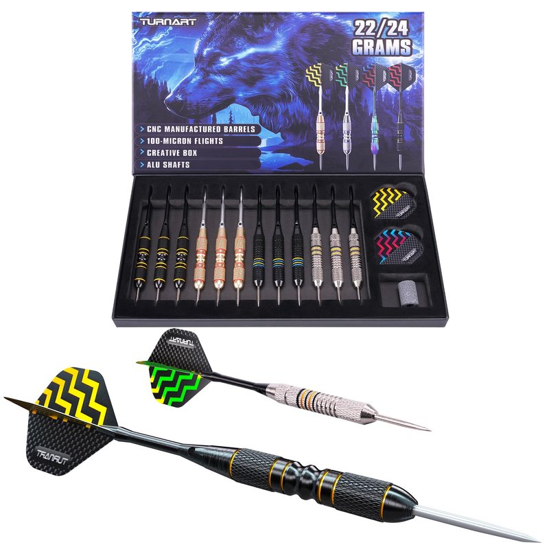 Turnart Darts Metal Tip Set - Steel Tip Darts Darts Set Professional Metal Darts Dart Board Set 12 Pcs 24 Gram 20 O-Rings Aluminum Darts Shafts 24 Extra Flights Darts Tool