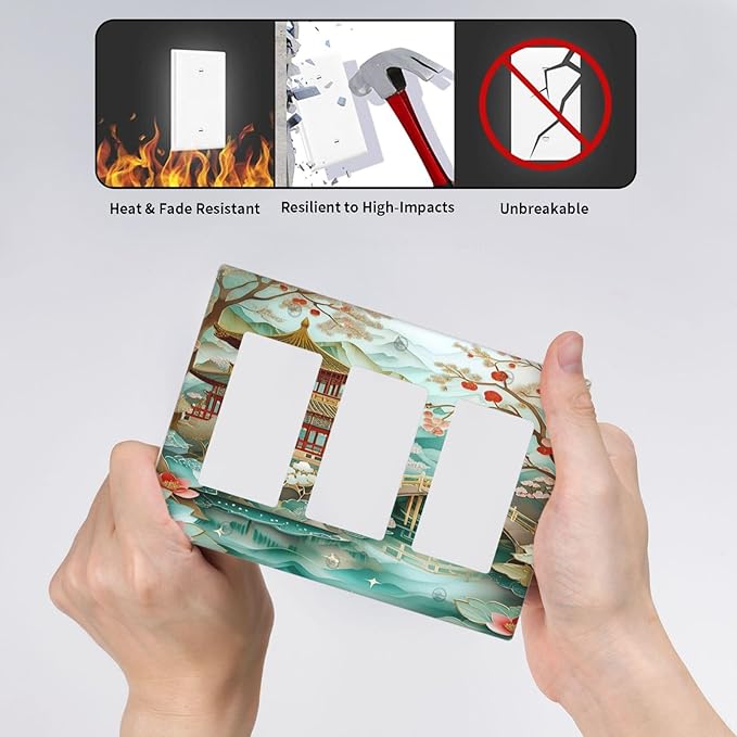 Asian Palace Traditional Bridge Cherry Blossoms 3 Gang Rocker Triple Outlet Wall Plate Decorative Switchplate Cover Faceplate GFCI Light Switch Covers for Farmhouse Living Decor