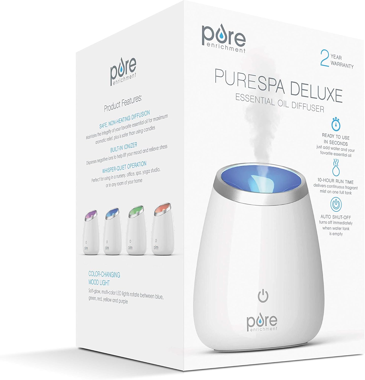 Pure Enrichment PureSpa Deluxe Ultrasonic Aromatherapy Oil Diffuser - 120ml Water Tank, Mood-Boosting Ionizer and Optional Color-Changing Light - Lasts Up to 10 Hours with Auto Safety Shut-Off