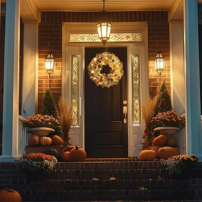 Realistic Fall Wreath with Lights, 22" Fall Wreaths for Front Door with Pumpkins Fall Leaves Berries Pine Cones,Autumn Wreath Fall Decorations for Home Thanksgiving Halloween Decorations for Wall Door
