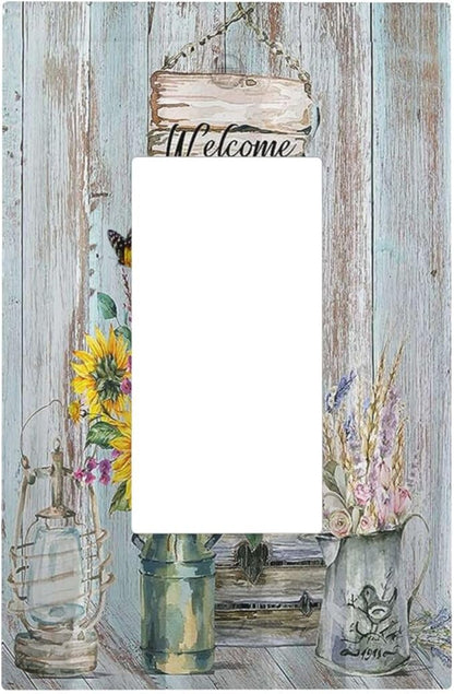 Sunflower Vintage Barn Wooden Single Rocker Light Switch Covers Sun floral 1 Gang Outlet Cover Wall Plate Decorative GFCI Switchplate Faceplate Farmhouse Home Livingroom Decor