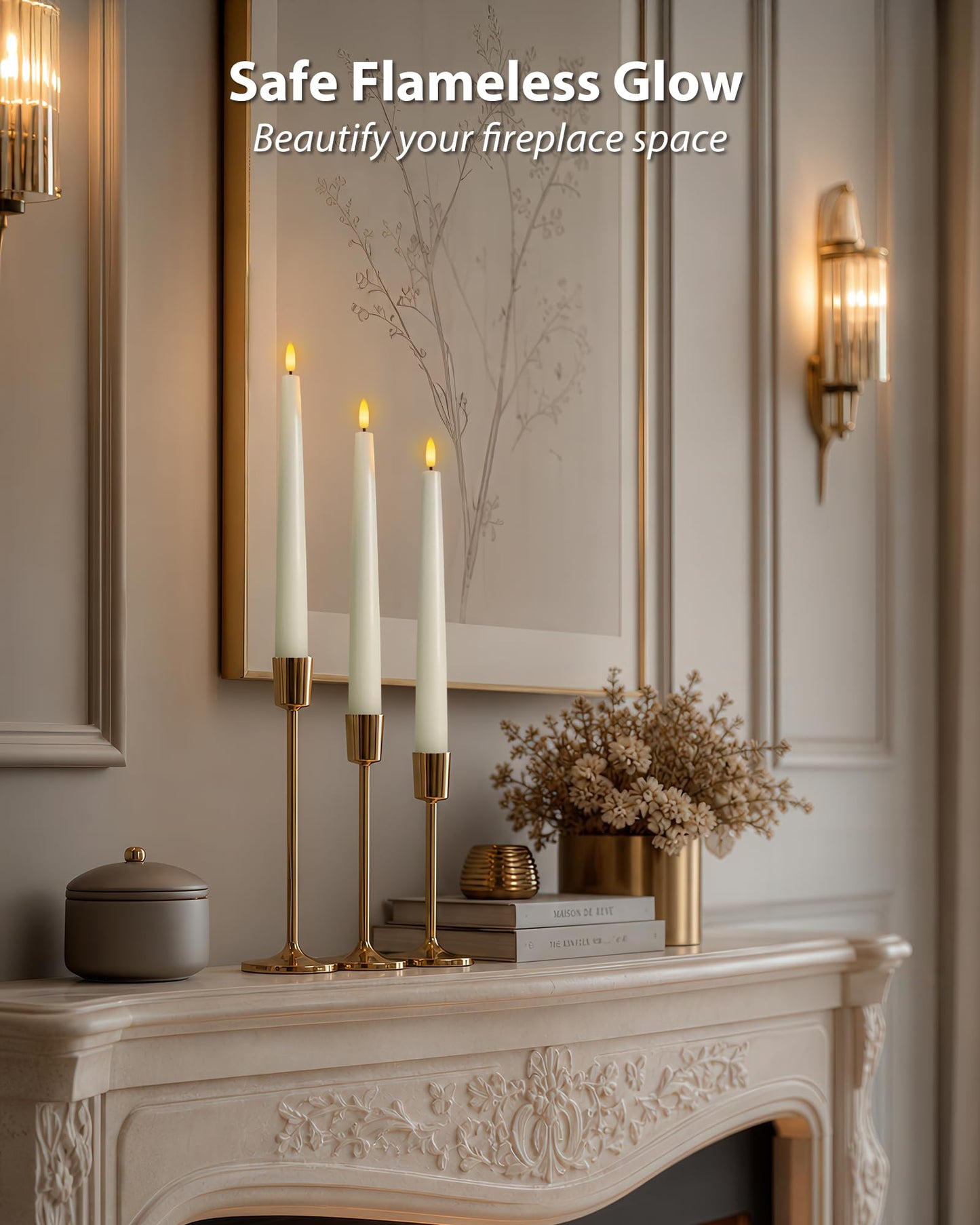 Homemory 9.6 Inches Waxy Flameless Taper Candles with Remote Timer Dimmer, Flickering LED Candlesticks, Battery Operated Window Candle for Christmas Wedding Home Decor, Ivory, 6 Pcs
