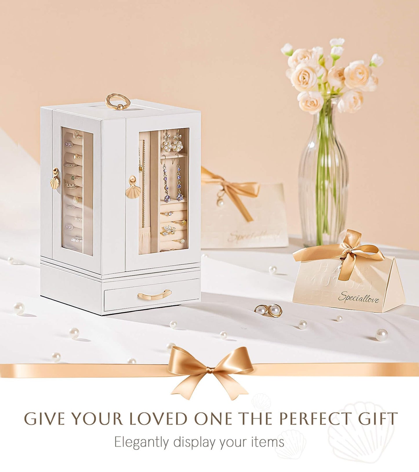 Enthralite Jewelry Box Large for Dresser: Women Necklace Ring Storage Organizer with Compartments - Elegant Earring Holder Display - 360° Rotating Jewelry Organizer with Glass Door