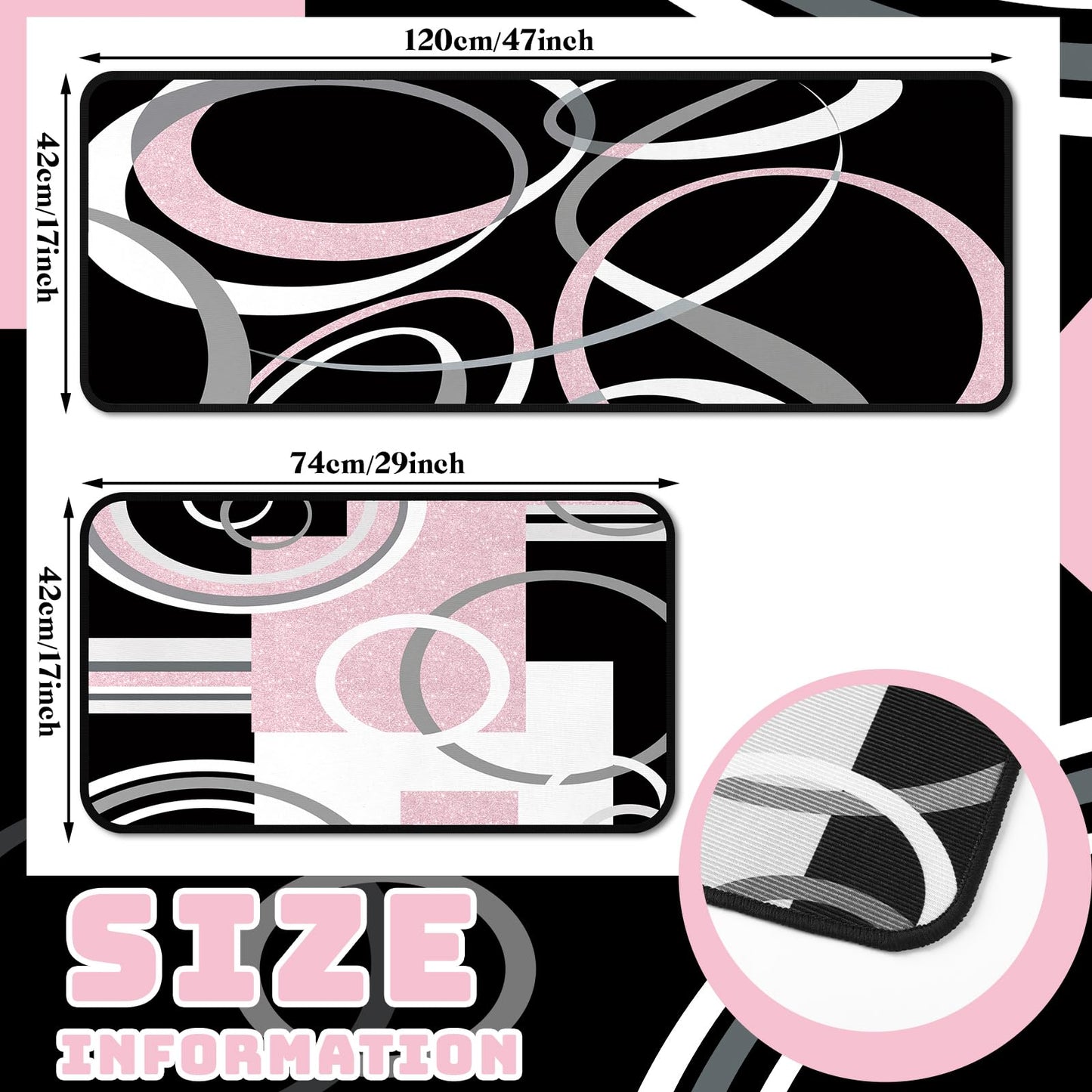 Maasechs 3 Pcs Pink Black Geometric Kitchen Rugs and Mats Set Anti Fatigue Floor Mat Non Slip Washable Modern Abstract Runner Rug Minimalist Kitchen Decor for Home Office Bathroom, 17"x30"+17"x47"