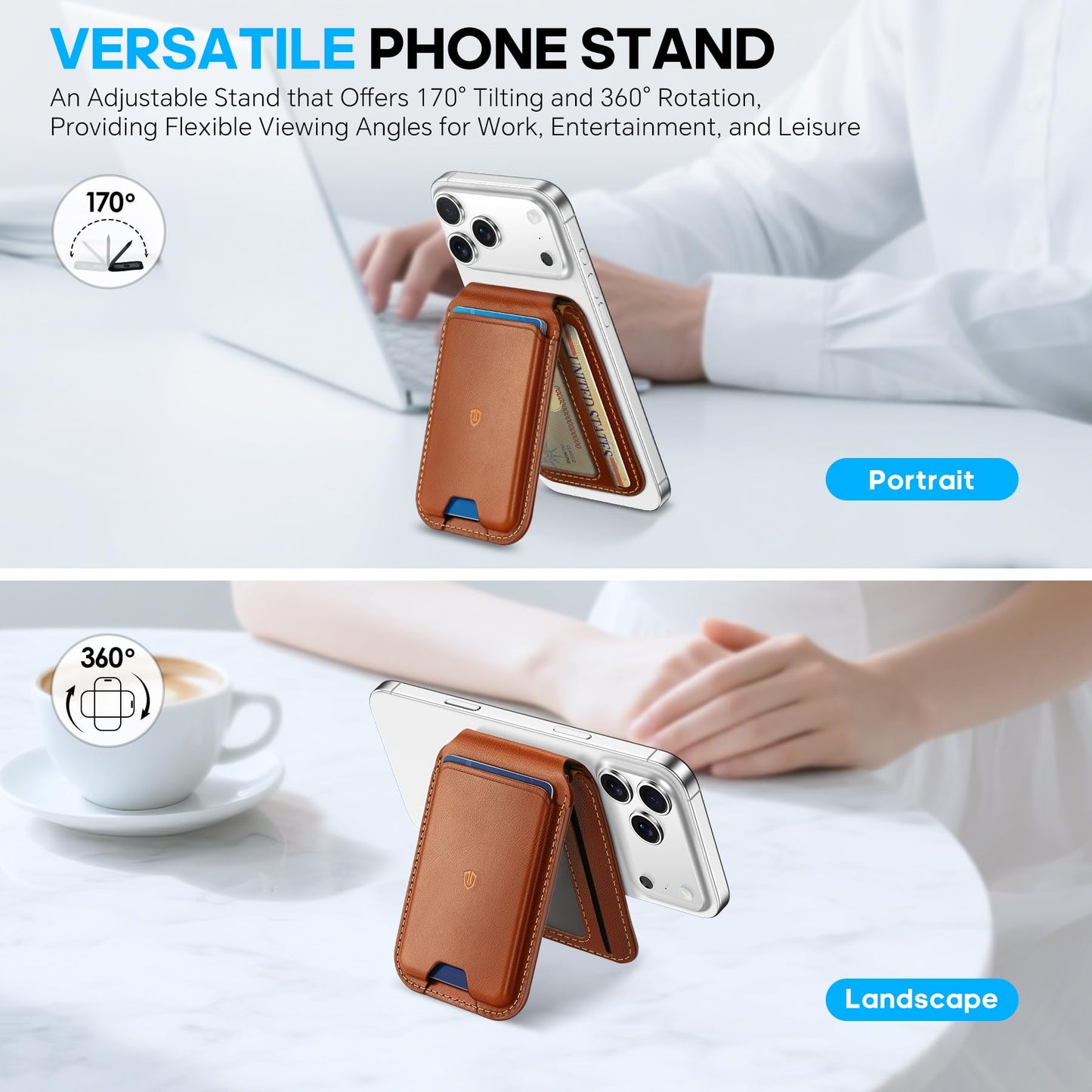 SHIELDON Genuine Leather Card Holder for Phone, Strong Magnetic Wallet for MagSafe with Adjustable Stand, RFID Blocking Mag Wallet for iPhone 17/17e/16/15/14/13/12/Pro/Max/Air/Plus Men & Women - Brown