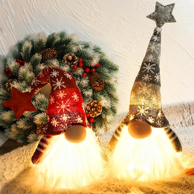 Juegoal 15" Lighted Christmas Gnome, Handmade Plush Scandinavian Swedish Tomte, Light Up Elf Toy Holiday Present, Battery Operated Winter Tabletop Christmas Decorations, 2 Set