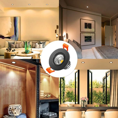 2 Inch LED Downlight, 3W Recessed Lighting COB Dimmable, 3000K Warm White, CRI80, Black Trim, Ceiling Lights with LED Driver, 1 Pack