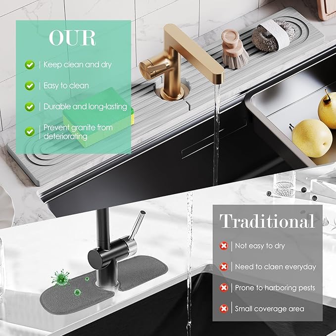 Stone Faucet Mat for Kitchen Sink, Diatomite Drying Stone Tray & Sink Protector