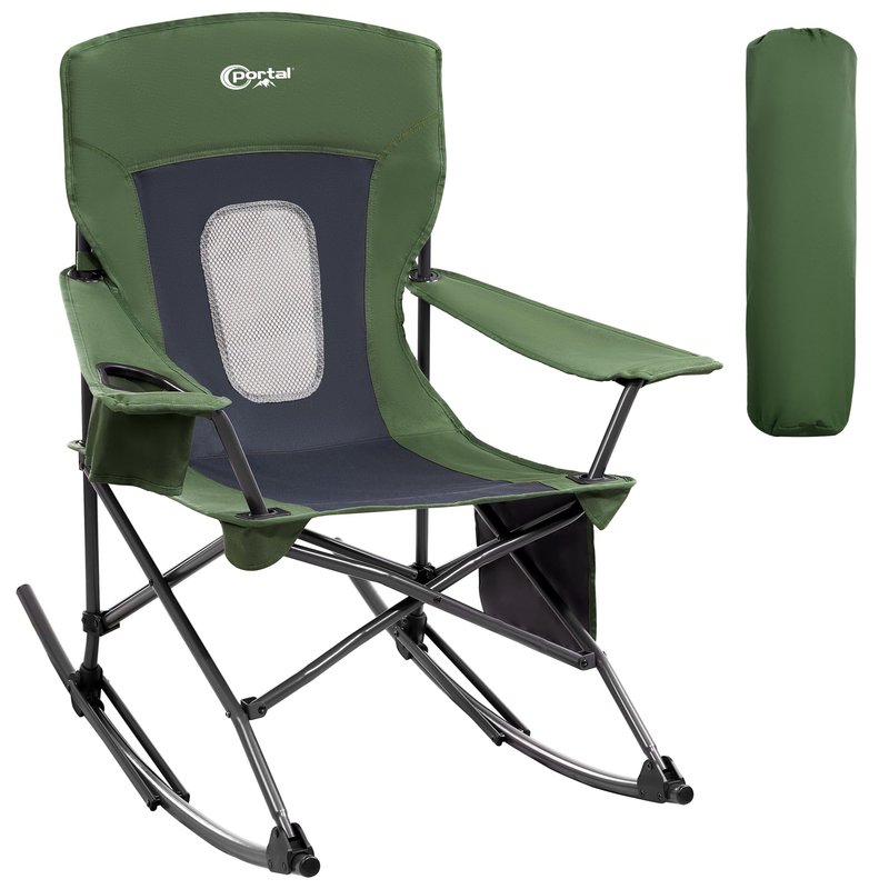 Portal Outdoor Rocking Chair Camping Folding Portable Rocker with Cup Holder Side Pocket Carry Bag, Support 350LBS (Mesh Green)