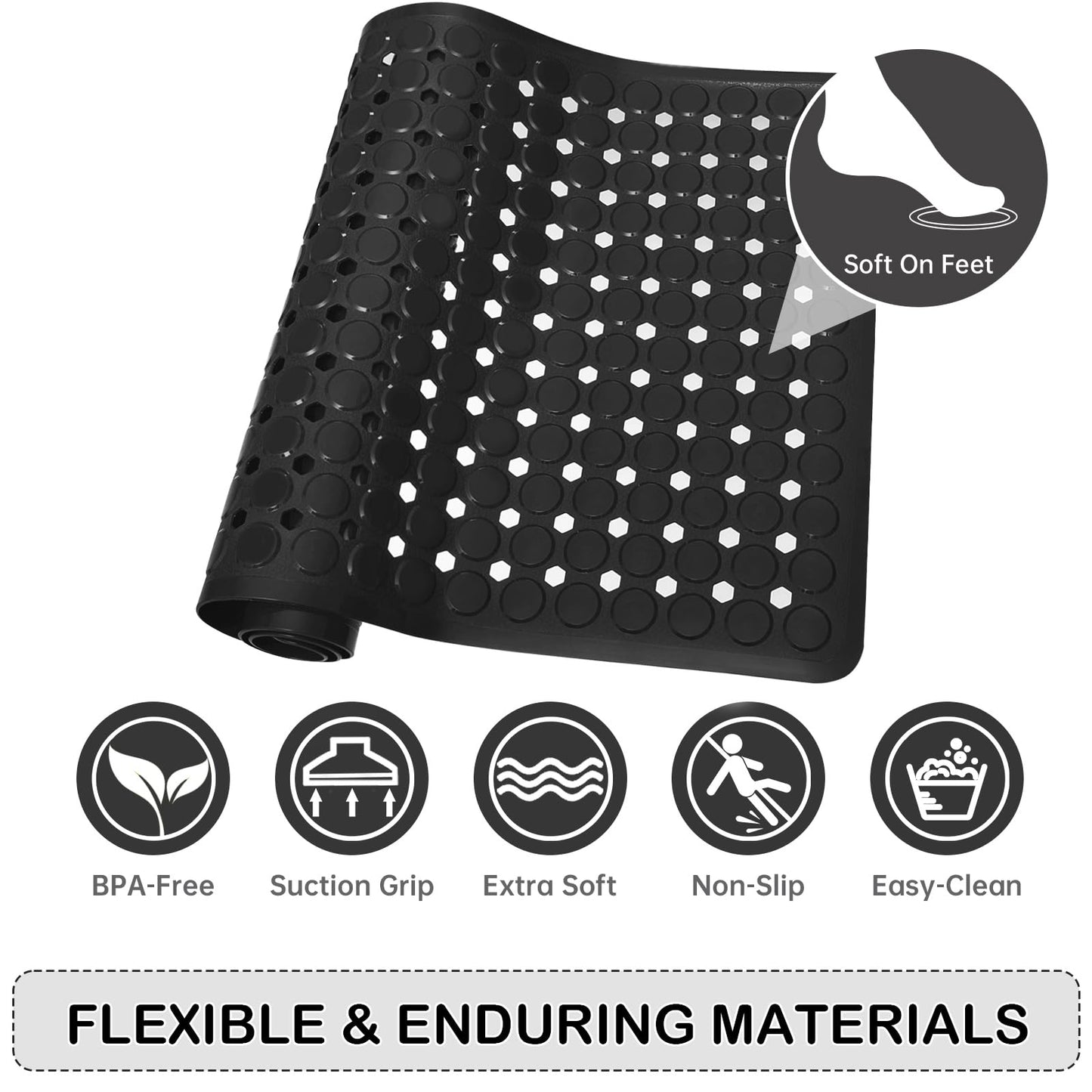 Linoows Non-Slip Bathtub and Shower Mats, Power Grip Bath Mat 35 x 16.3 Inch with Suction Cups and Drain Holes for Tub Bathroom Floor Safety, Machine Washable Soft Bathmat, Black