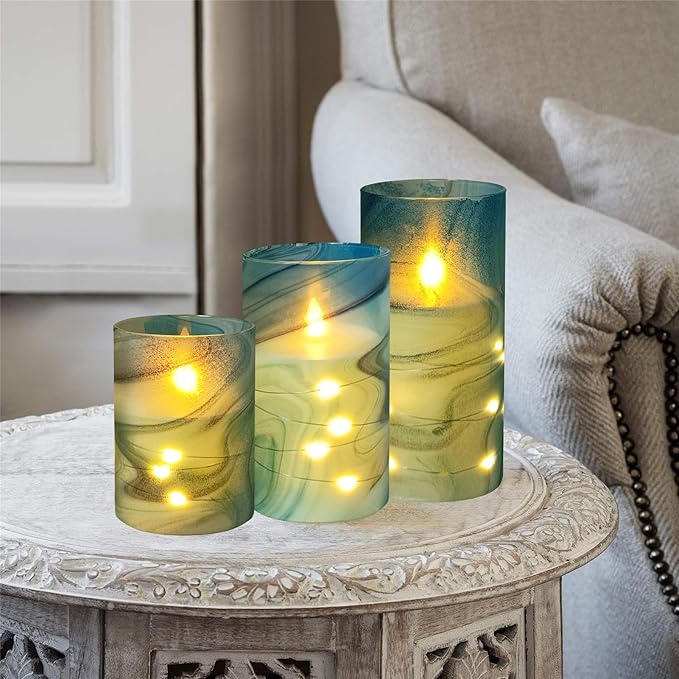Printed Flameless Candles with String Lights - Set of 3 Battery Operated Candle Flickering Floral LED Pillar Candles with Timer Remote for Home Decor Romantic Ambiance,BG