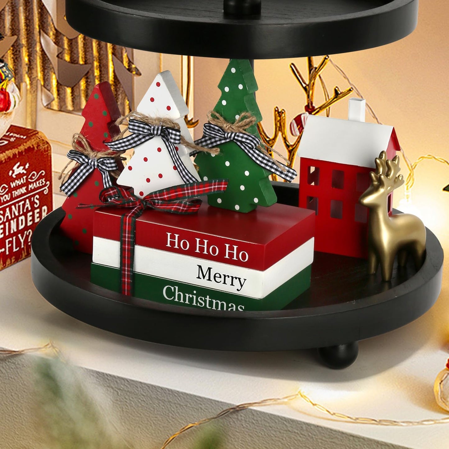 Christmas Decoration 6PCS Table Centerpieces, Tabletop Christmas Decor for Tiered Tray Shelf Mantel Fireplace Coffee Bar Office Desk Farmhouse Xmas Holiday Decoration Wood Faux Book and Tree Sign