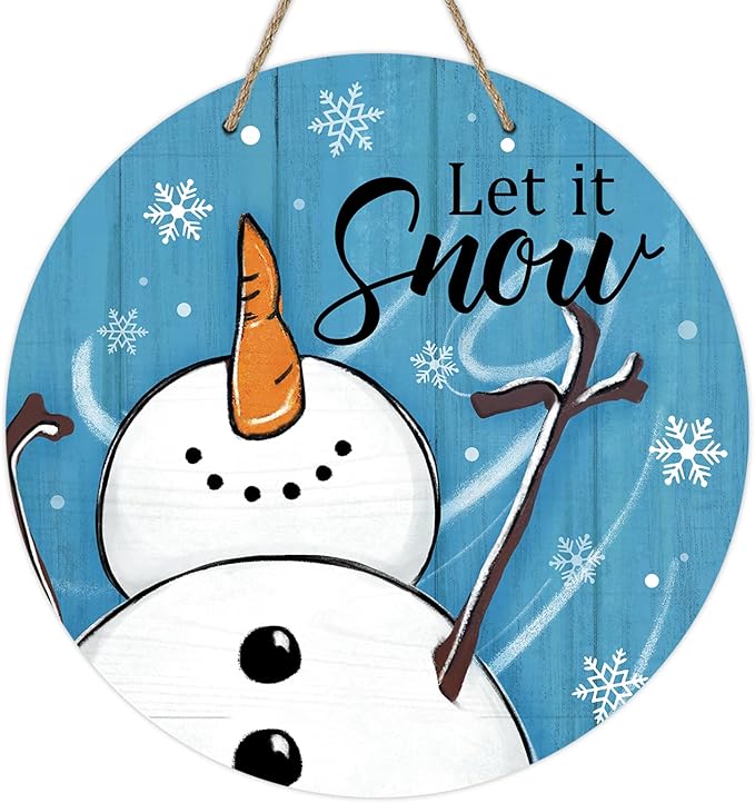 Deroro Winter Snowman Blue Front Door Sign, Let It Snow Farmhouse Wood Door Hanger Outdoor Outside Porch Decor, Christmas Seasonal Snowflake Wooden Wreath Indoor Wall Hanging Decoration