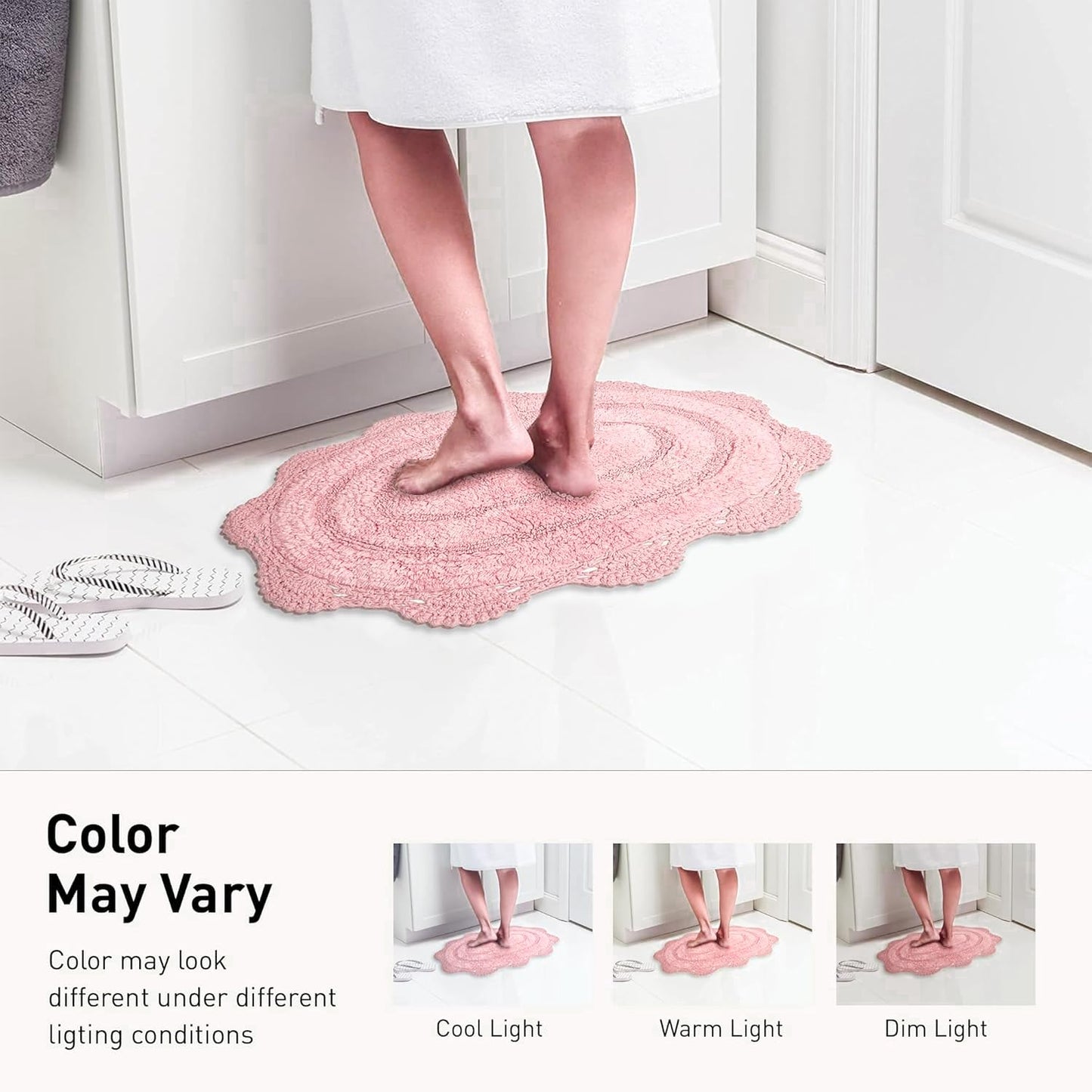 Chardin home Pink Crochet Bathrug,100% Cotton Semicircle bathmat with artisanally Handcrafted Crochet Border, 20x32 Inch D Shape, Perfect for Half Baths, Powder Rooms, bathrooms