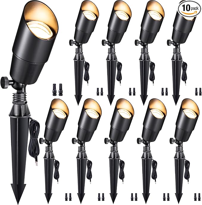 Gardenreet LED Low Voltage Spotlight - 12V AC/DC Black Outdoor Light Fixture, Brass Landscape Lights Hardwired, Weather Proof for Wall Wash Flag Without Bulbs (10 Pack)