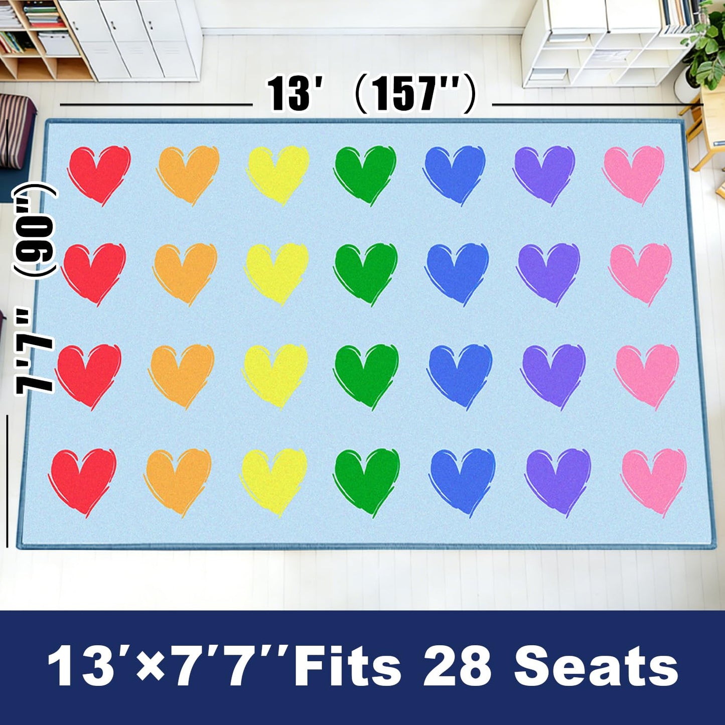 MAISONRINA Large Classroom Rugs Elementary, 13'x7'7'' Blue Hearts Classroom Rug for Kids, Circle Time Carpet Educational Rugs Area Rug Primary for Preschool Daycare Kindergarten Playroom,Seats 28
