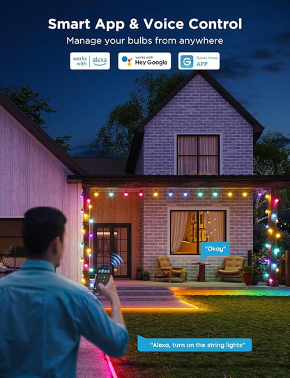 Govee Smart Outdoor String Lights 2, 144ft Outdoor Lights with Dimmable Warm White LED Bulbs, 47 Scene Modes for Patio, Backyard, Balcony, IP65 Waterproof, Works with Alexa, App Control