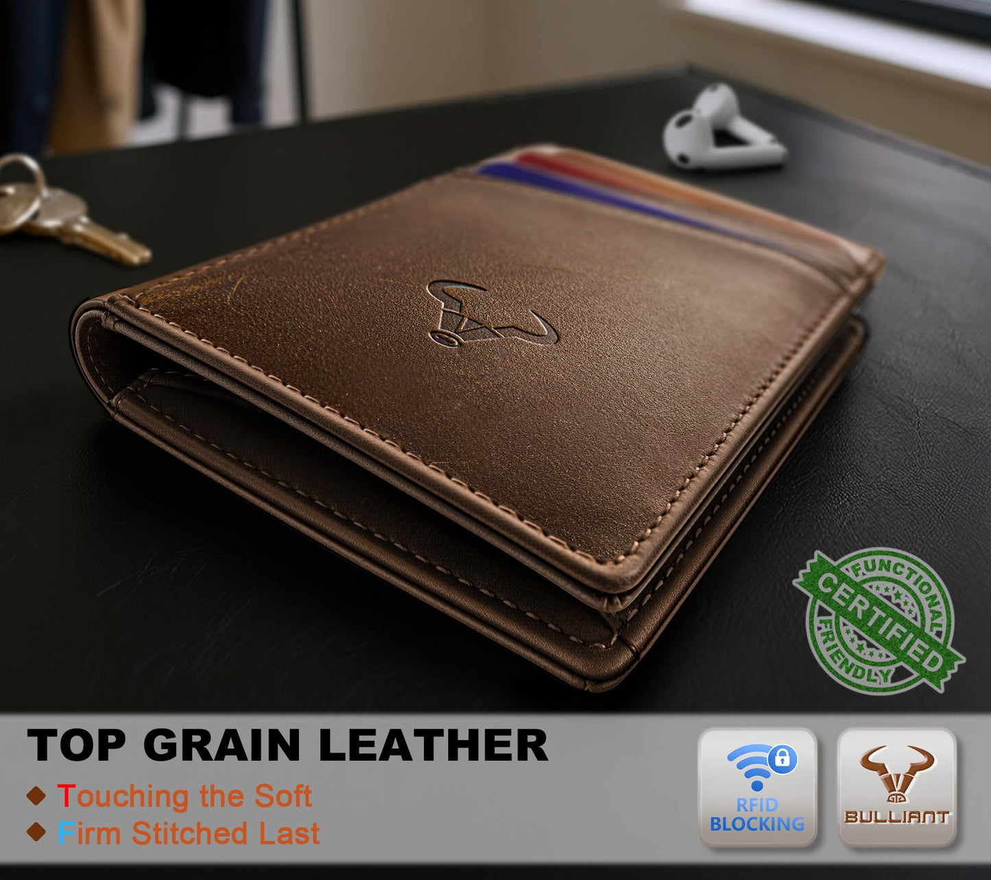 BULLIANT Men Full Grain Wallet,Slim Wallet Magnetic Closure Simplifed Bill Folder RFID Blocking 11Cards
