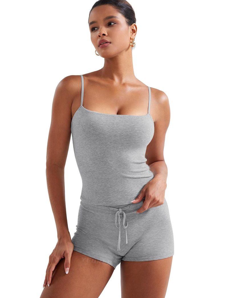 YEOREO Womens 2 Piece Lounge Sets Tank Tops Cami Shorts Matching Sets Summer Outfits Elastic Waist Built-in Bra Baby Pink M