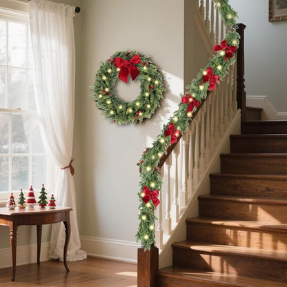 30 Inch Christmas Wreaths for Front Door with Lights,Lighted Cedar Door Wreath,Prelit Real Touch Artificial Green Winter Wreath with Large Burgundy Velvet Bow for Indoor Outdoor Decor