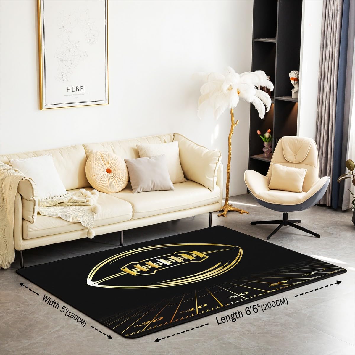 jejeloiu Football Area Rug 4x5 Black Gold Rugby Ball Game Rug for Living Room Bedroom Soft Sports Theme Decorative Carpet Rug Indoor Floor Mat Accent Rug for Playing Room Kitchen Home