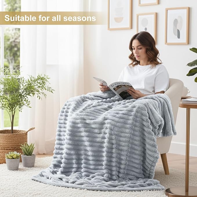 decorUhome Soft Fleece Light Grey Blanket King Size for Bed, Cozy Fluffy Plush Flannel Large Striped Throws for Couch Sofa, Lightweight Decorative Fuzzy Blanket for Woman, 108x90 Inches